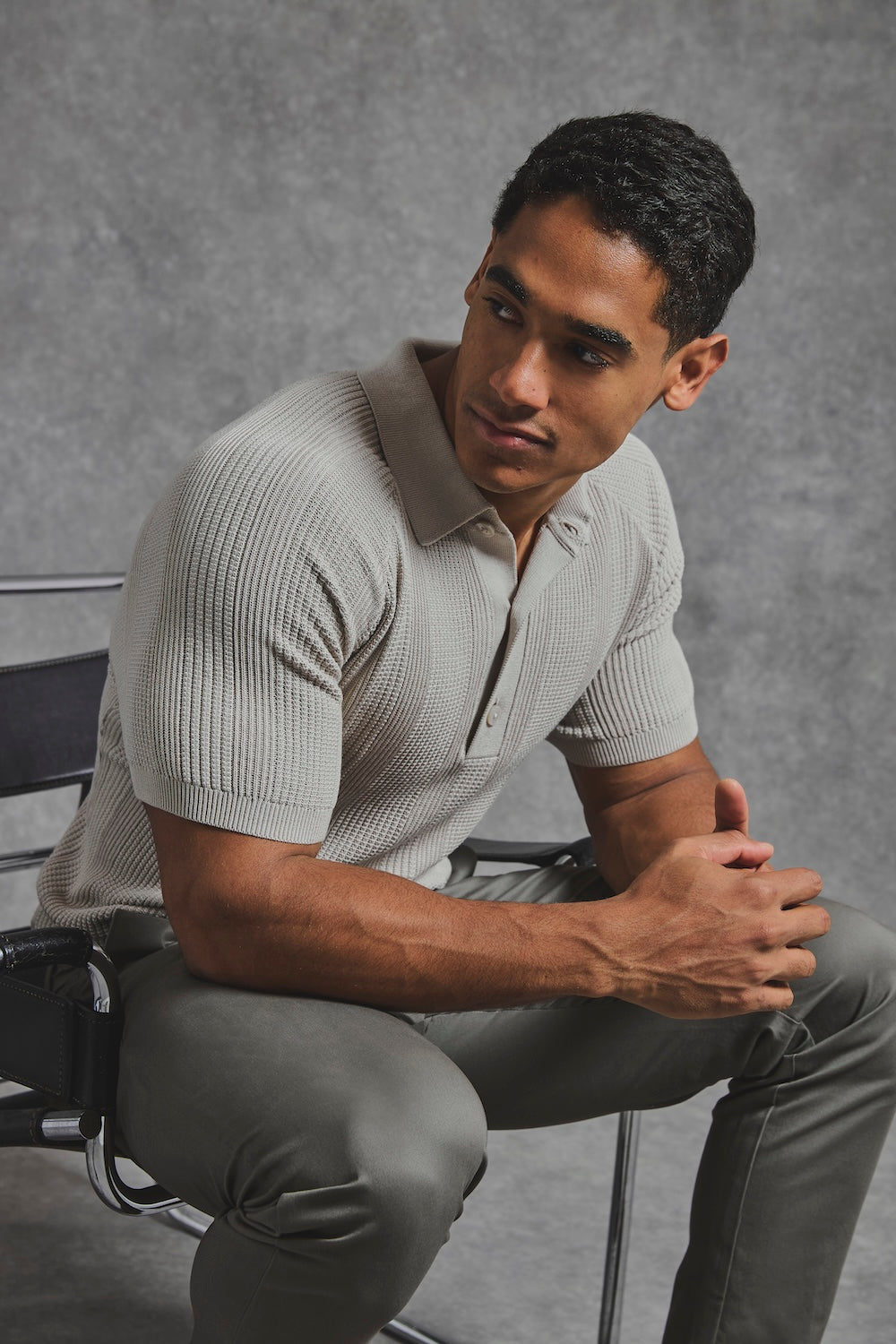 Vertical Stripe Knitted Polo Shirt in Stone - TAILORED ATHLETE - USA