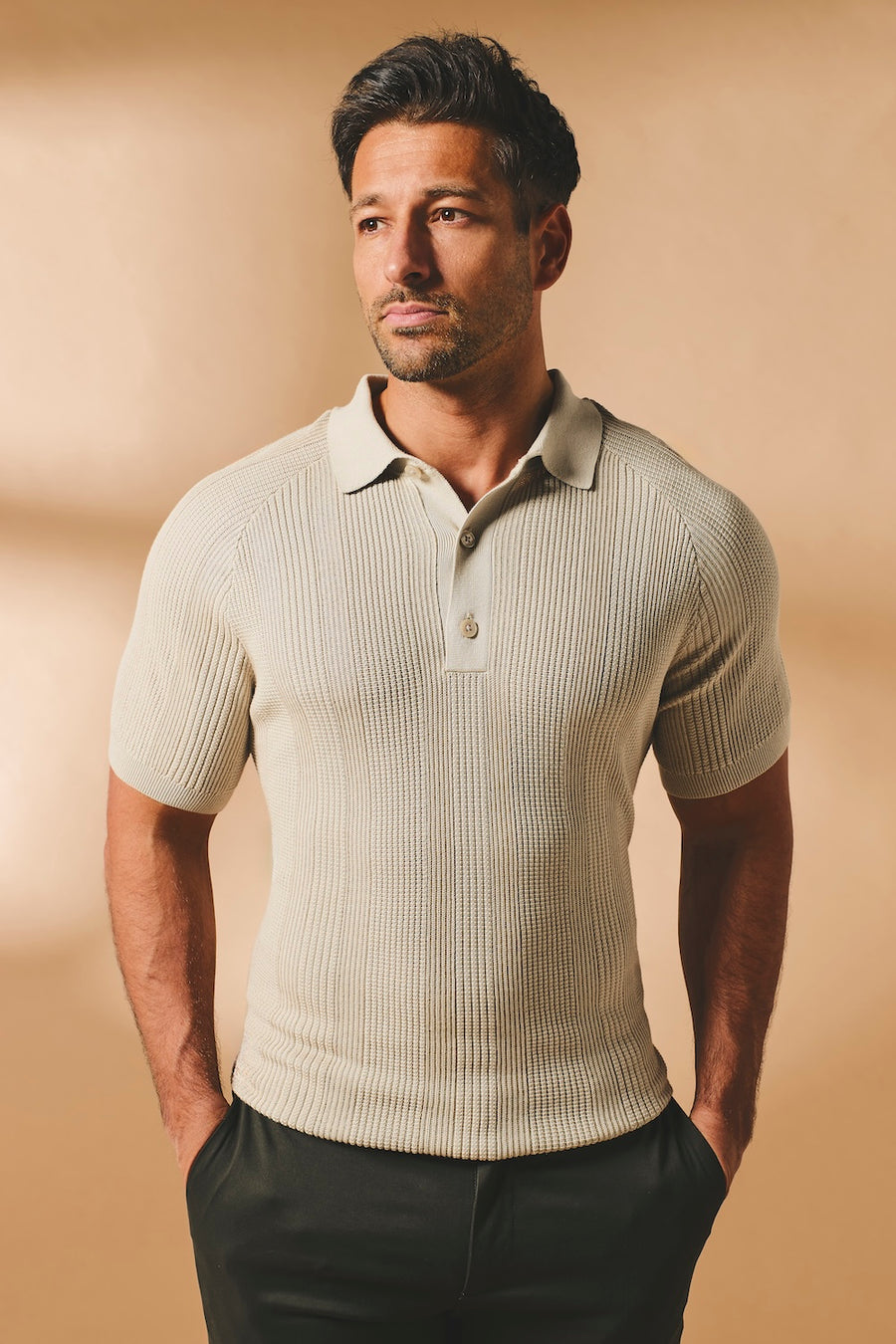 Vertical Stripe Knitted Polo Shirt in Stone - TAILORED ATHLETE - USA