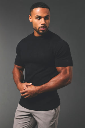 Vertical Stripe Knitted T-Shirt in Black - TAILORED ATHLETE - USA