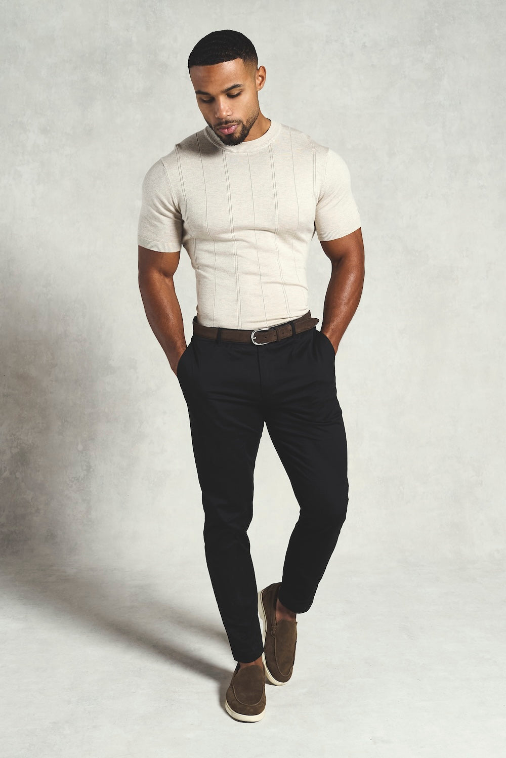 Vertical Stripe Knitted T-Shirt in Stone - TAILORED ATHLETE - USA