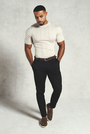 Vertical Stripe Knitted T-Shirt in Stone - TAILORED ATHLETE - USA