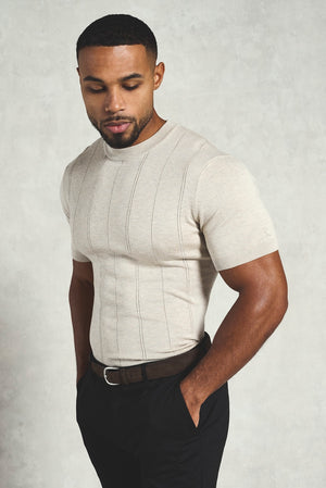 Vertical Stripe Knitted T-Shirt in Stone - TAILORED ATHLETE - USA