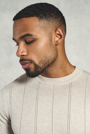 Vertical Stripe Knitted T-Shirt in Stone - TAILORED ATHLETE - USA