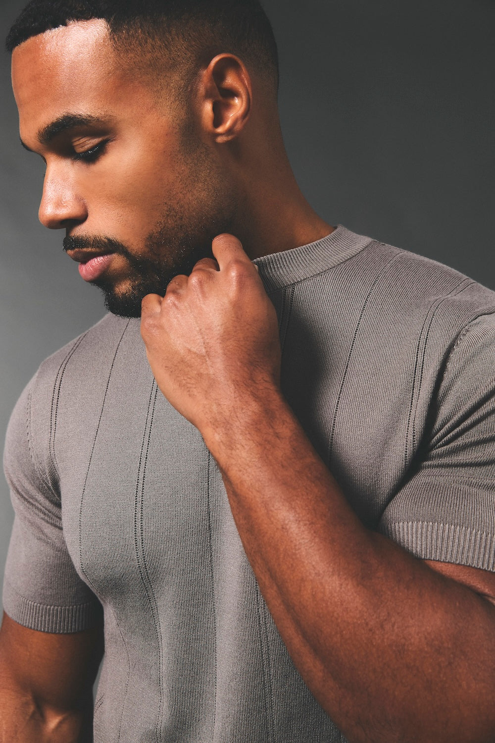 Vertical Stripe Knitted T-Shirt in Taupe - TAILORED ATHLETE - USA