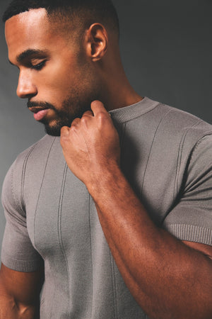 Vertical Stripe Knitted T-Shirt in Taupe - TAILORED ATHLETE - USA