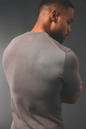 Vertical Stripe Knitted T-Shirt in Taupe - TAILORED ATHLETE - USA