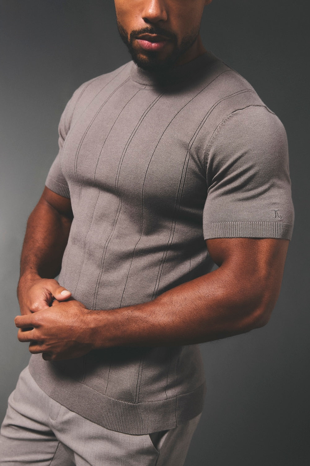 Vertical Stripe Knitted T-Shirt in Taupe - TAILORED ATHLETE - USA