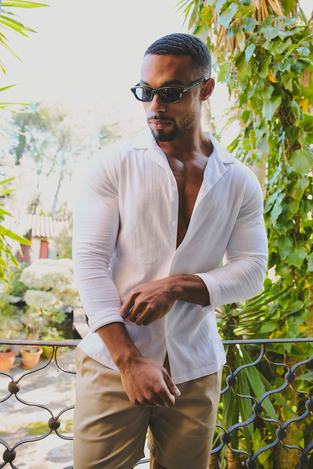 Stretch Linen Blend Cuban Collar Shirt in White L