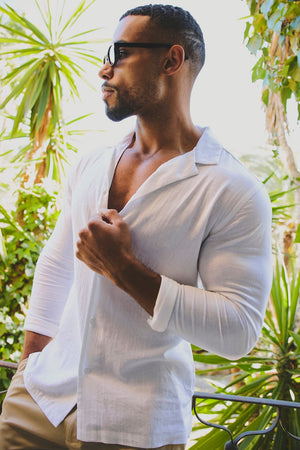 Stretch Linen Blend Cuban Collar Shirt in White - TAILORED ATHLETE - USA