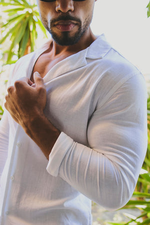 Stretch Linen Blend Cuban Collar Shirt in White - TAILORED ATHLETE - USA