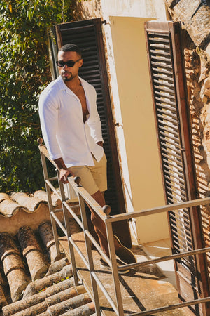 Stretch Linen Blend Cuban Collar Shirt in White - TAILORED ATHLETE - USA