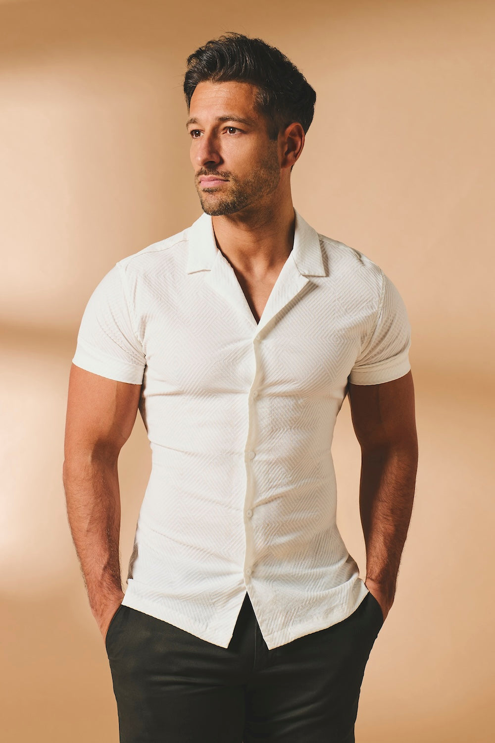 Woven Textured Cuban Collar Shirt in White - TAILORED ATHLETE - USA