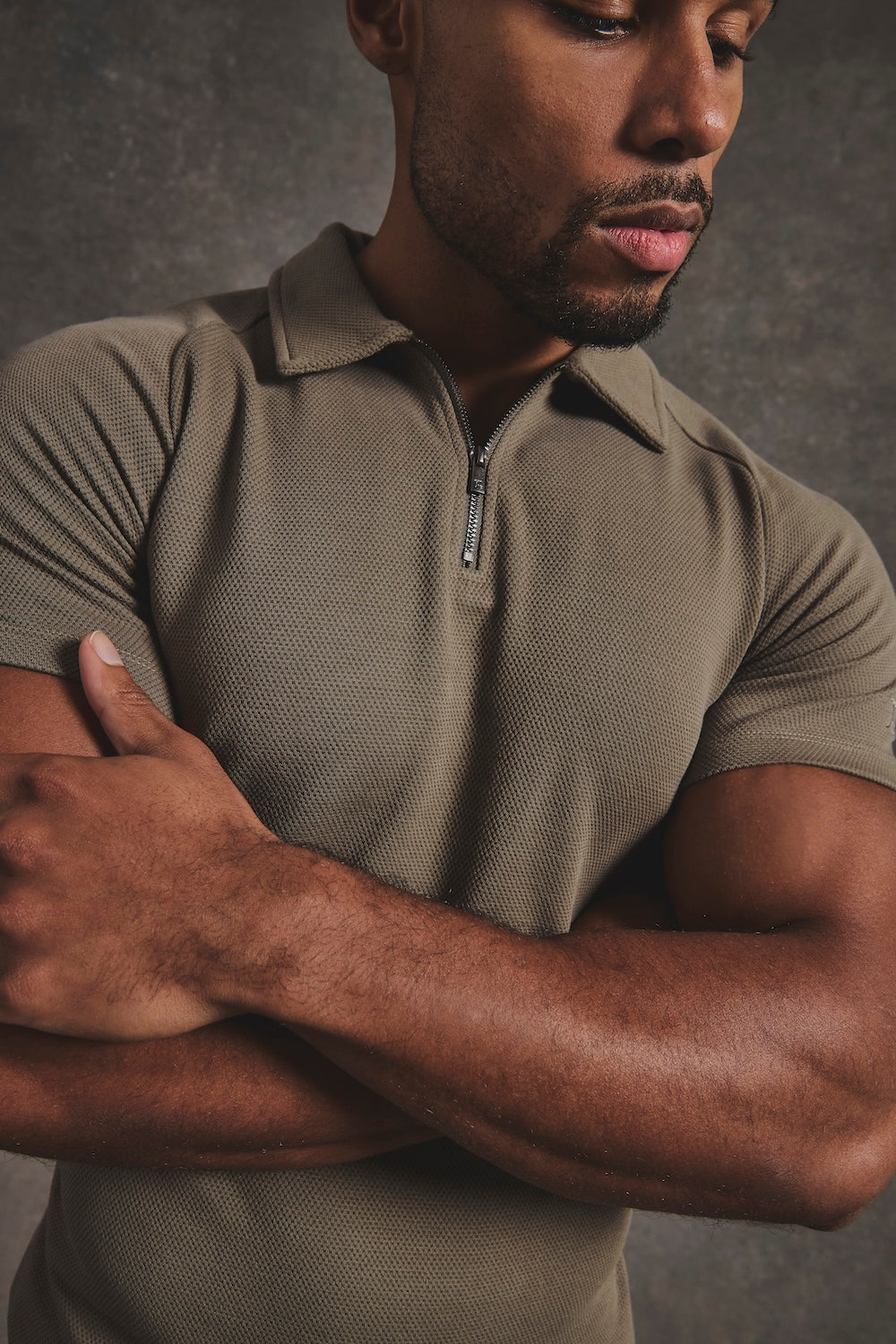 Zip Neck Polo Shirt in Smoky Khaki - TAILORED ATHLETE - USA