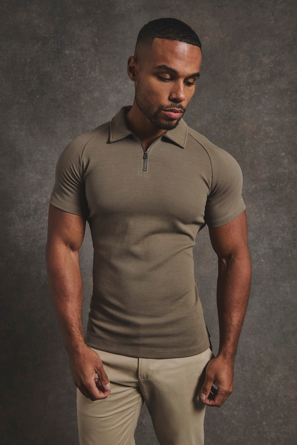 Zip Neck Polo Shirt in Smoky Khaki - TAILORED ATHLETE - USA