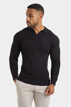 Buttonless Open Collar Knitted Polo Shirt in Black - TAILORED ATHLETE - USA