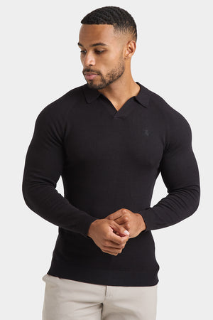 Buttonless Open Collar Knitted Polo Shirt in Black - TAILORED ATHLETE - USA