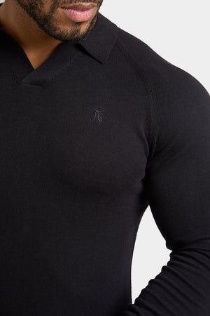 Buttonless Open Collar Knitted Polo Shirt in Black - TAILORED ATHLETE - USA