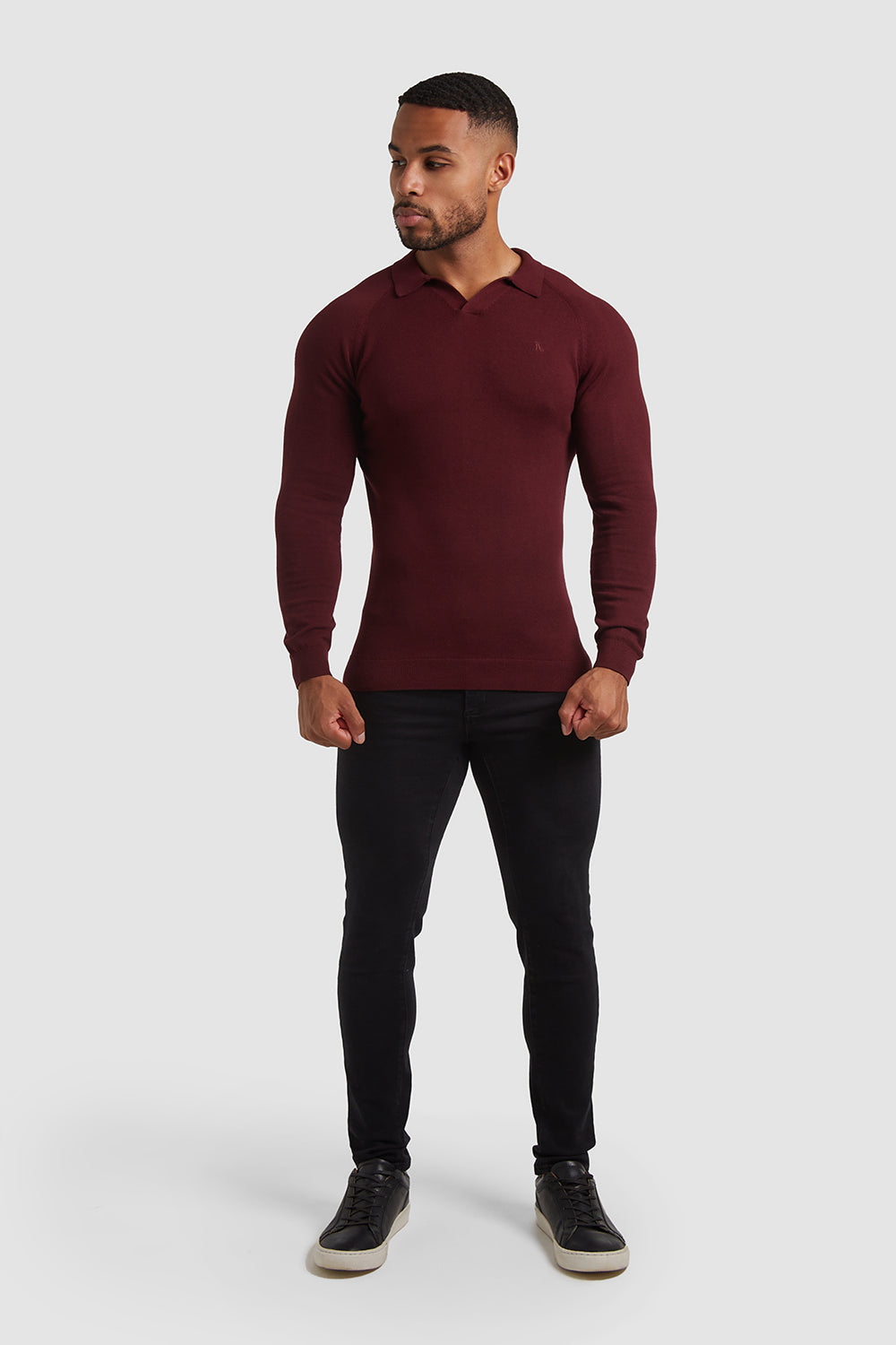 Buttonless Open Collar Polo Shirt (LS) in Claret - TAILORED ATHLETE - USA