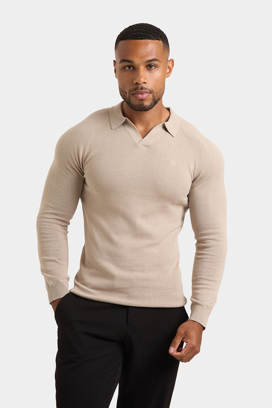 Buttonless Open Collar Knitted Polo Shirt in Neutral - TAILORED ATHLETE - USA