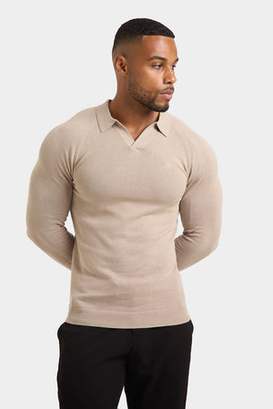 Buttonless Open Collar Knitted Polo Shirt in Neutral - TAILORED ATHLETE - USA