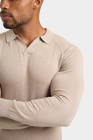 Buttonless Open Collar Knitted Polo Shirt in Neutral - TAILORED ATHLETE - USA