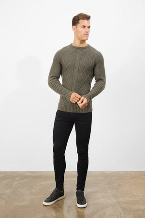 Wool Blend Chunky Cable Crew Neck in Khaki - TAILORED ATHLETE - USA