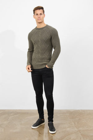 Wool Blend Chunky Cable Crew Neck in Khaki - TAILORED ATHLETE - USA