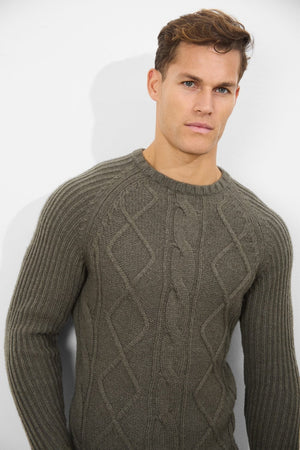 Wool Blend Chunky Cable Crew Neck in Khaki - TAILORED ATHLETE - USA