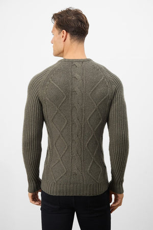 Wool Blend Chunky Cable Crew Neck in Khaki - TAILORED ATHLETE - USA