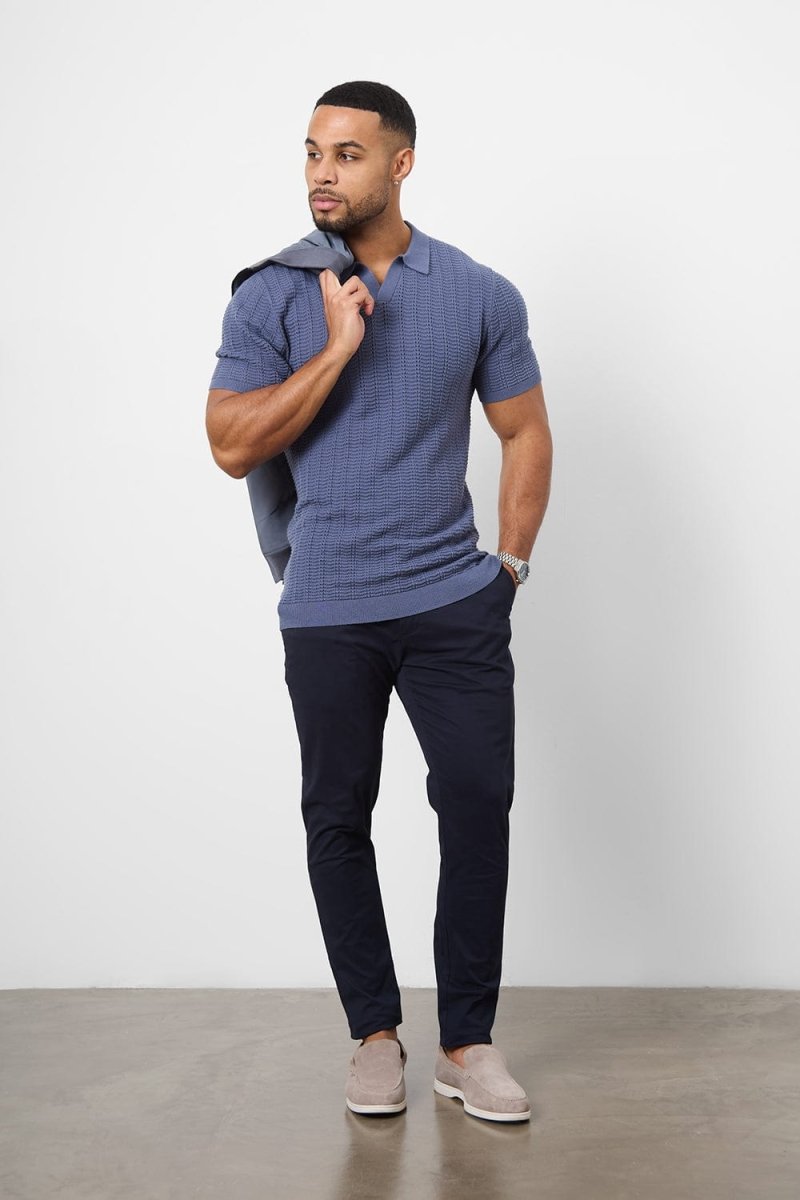 Cotton Textured Open Collar Knitted Polo Shirt in Slate Blue - TAILORED ATHLETE - USA