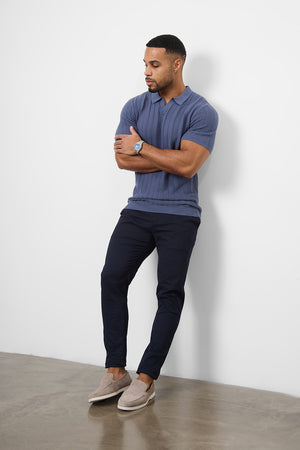 Textured Open Collar Knitted Polo Shirt in Slate Blue - TAILORED ATHLETE - USA