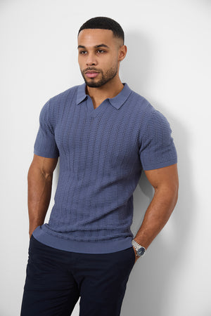 Textured Open Collar Knitted Polo Shirt in Slate Blue - TAILORED ATHLETE - USA