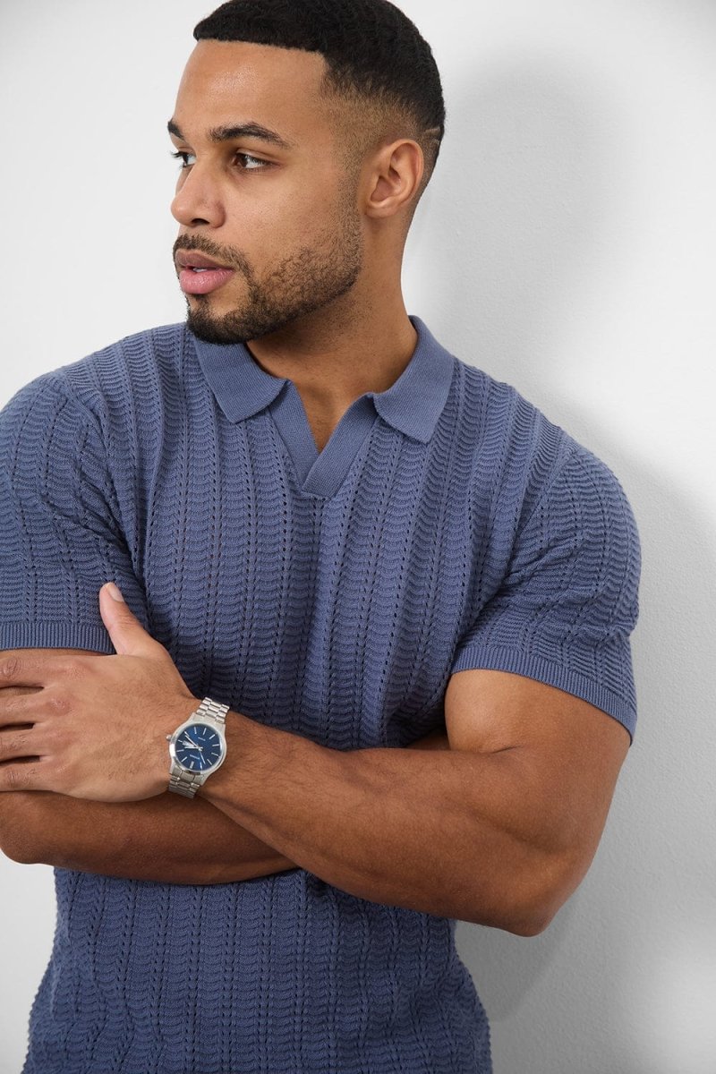 Cotton Textured Open Collar Knitted Polo Shirt in Slate Blue - TAILORED ATHLETE - USA