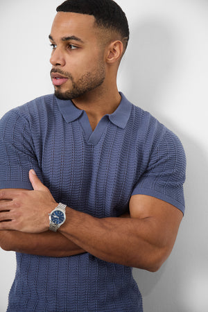 Textured Open Collar Knitted Polo Shirt in Slate Blue - TAILORED ATHLETE - USA