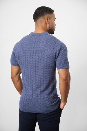 Textured Open Collar Knitted Polo Shirt in Slate Blue - TAILORED ATHLETE - USA