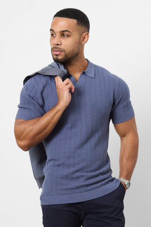 Textured Open Collar Knitted Polo Shirt in Slate Blue - TAILORED ATHLETE - USA