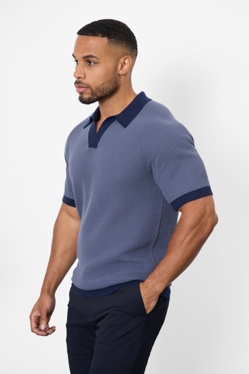 Contrast Textured Knitted Polo Shirt in Slate Blue - TAILORED ATHLETE - USA