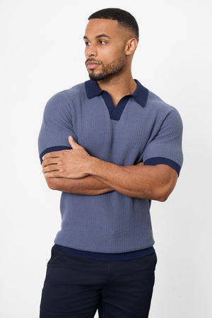 Contrast Textured Knitted Polo Shirt in Slate Blue - TAILORED ATHLETE - USA