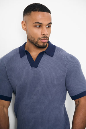 Contrast Textured Knitted Polo Shirt in Slate Blue - TAILORED ATHLETE - USA