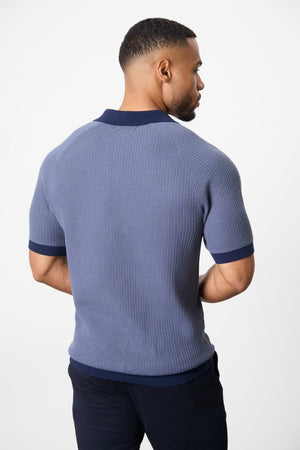 Contrast Textured Knitted Polo Shirt in Slate Blue - TAILORED ATHLETE - USA