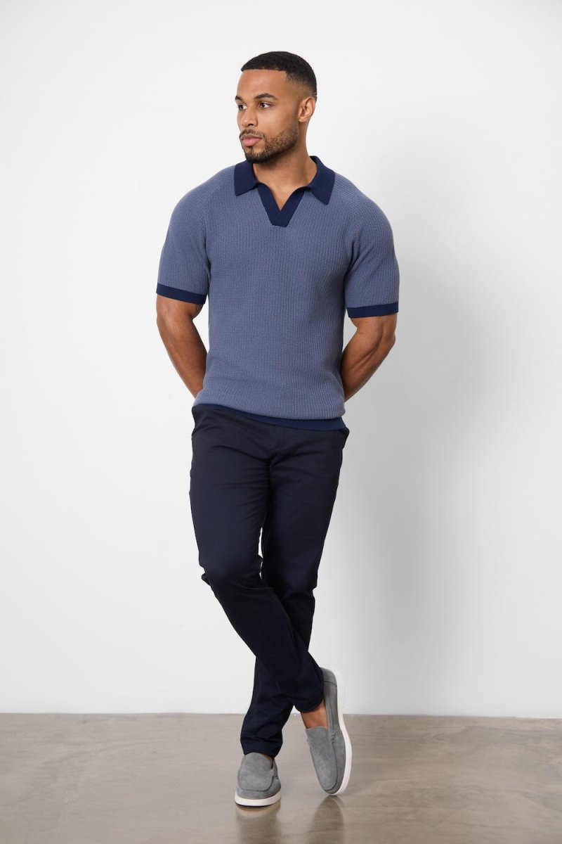 Contrast Textured Knitted Polo Shirt in Slate Blue - TAILORED ATHLETE - USA