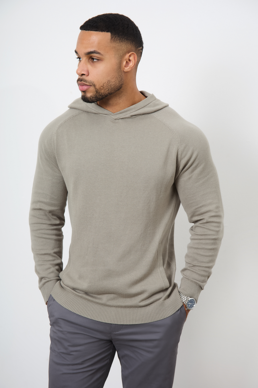 Cotton Knitted Hoodie in Soft Khaki - TAILORED ATHLETE - USA