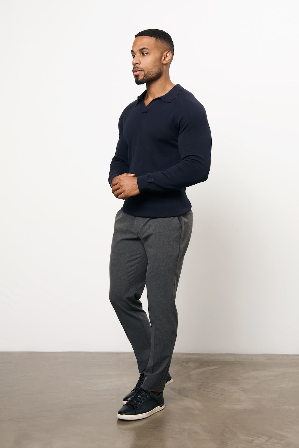 Pure Cotton Knitted Open Collar Polo Shirt in Navy - TAILORED ATHLETE - USA
