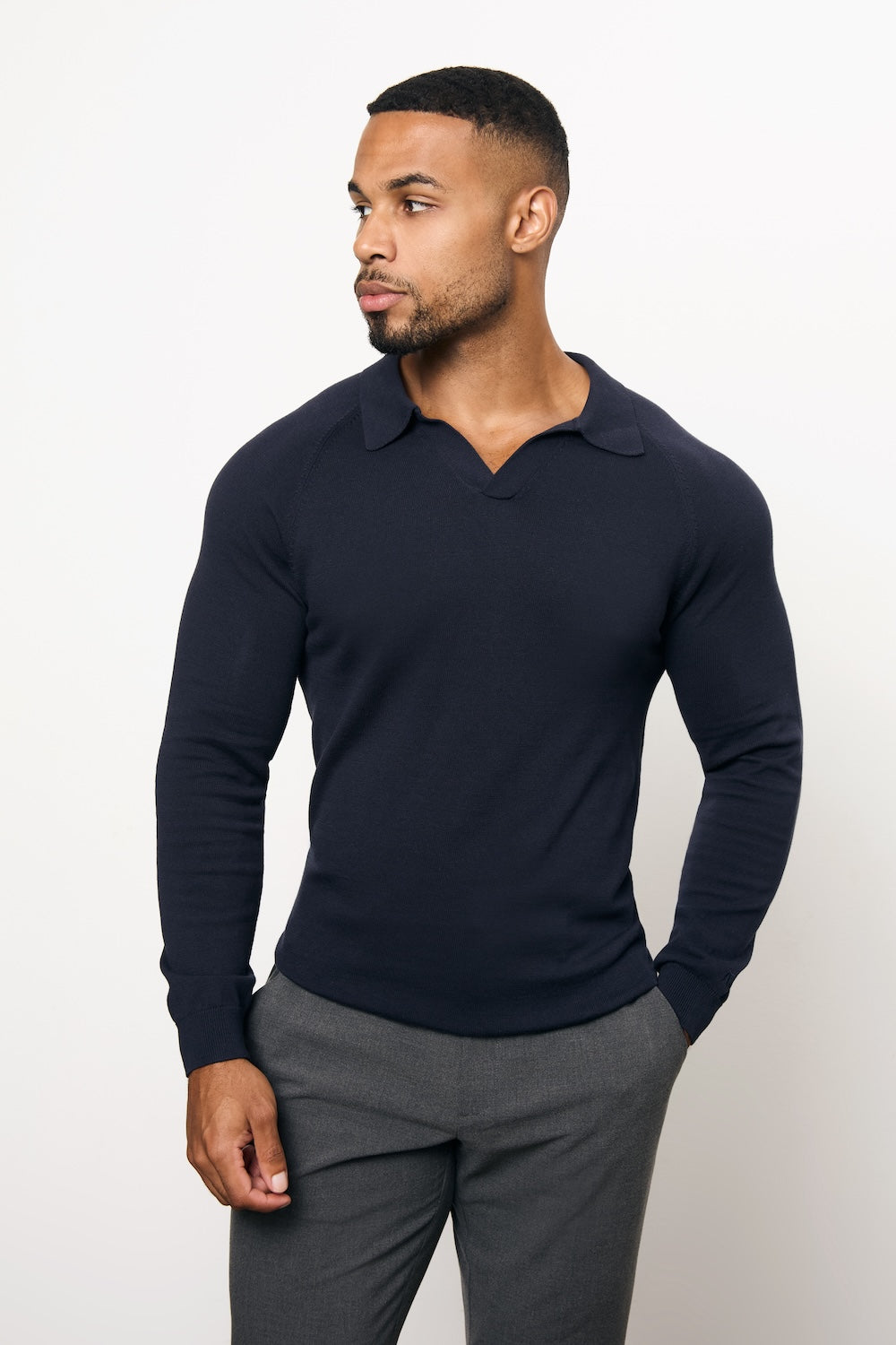 Pure Cotton Knitted Open Collar Polo Shirt in Navy - TAILORED ATHLETE - USA