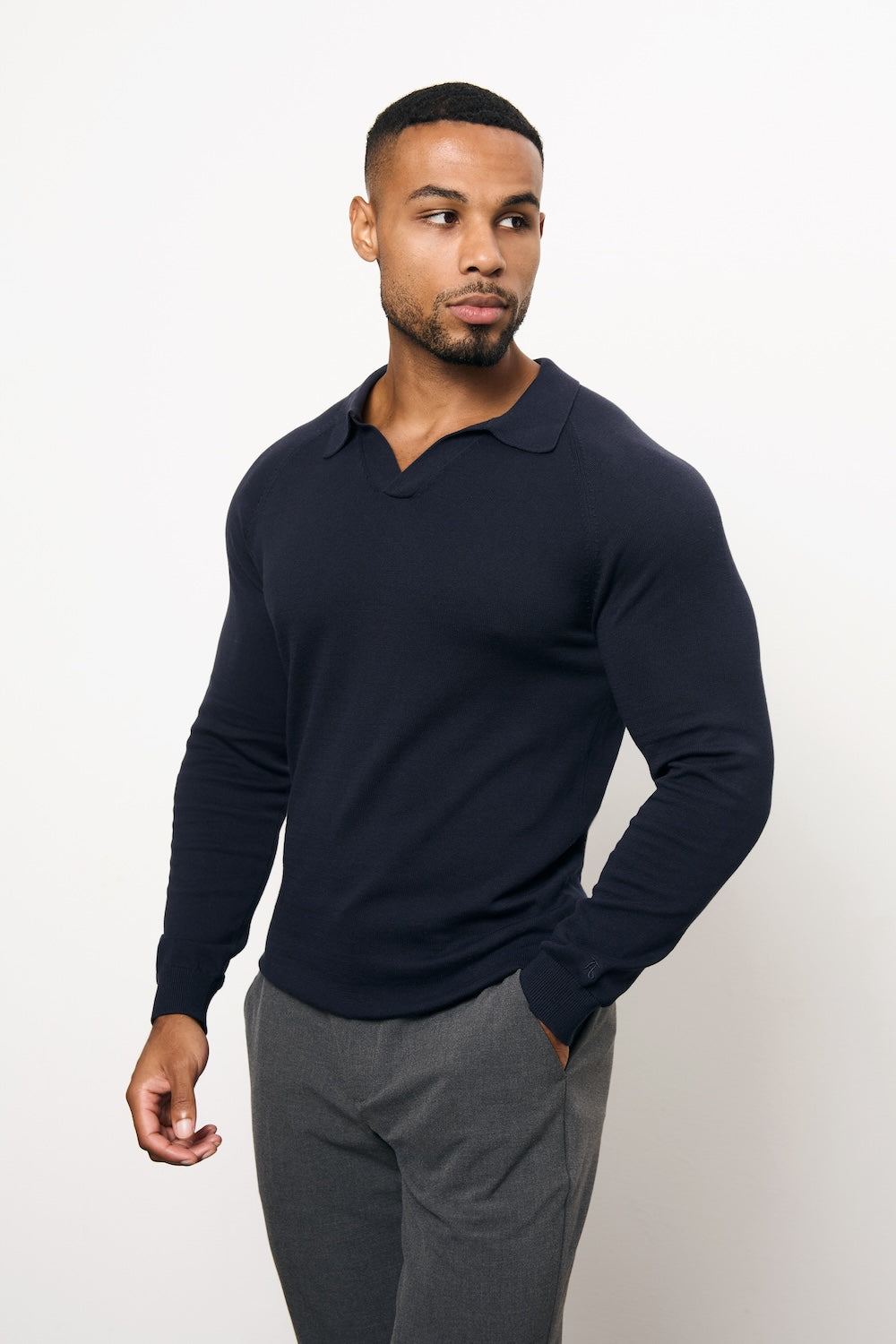 Pure Cotton Knitted Open Collar Polo Shirt in Navy - TAILORED ATHLETE - USA