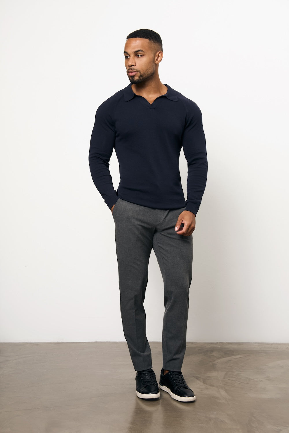 Pure Cotton Knitted Open Collar Polo Shirt in Navy - TAILORED ATHLETE - USA