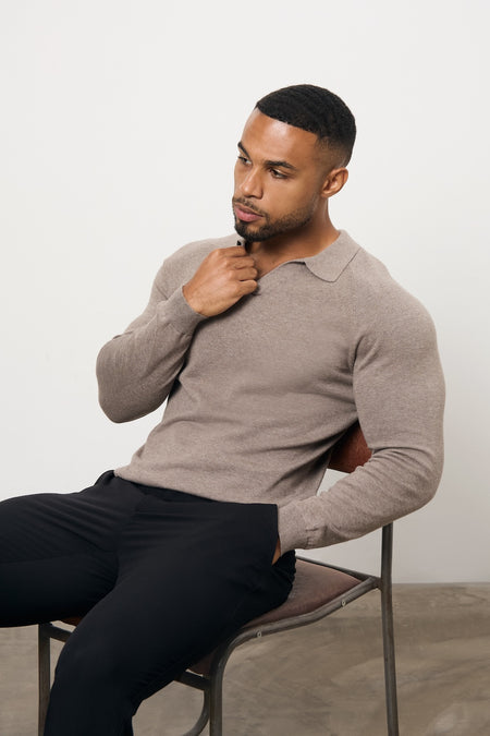 Pure Cotton Knitted Open Collar Polo Shirt in Brown Marl - TAILORED ATHLETE - USA