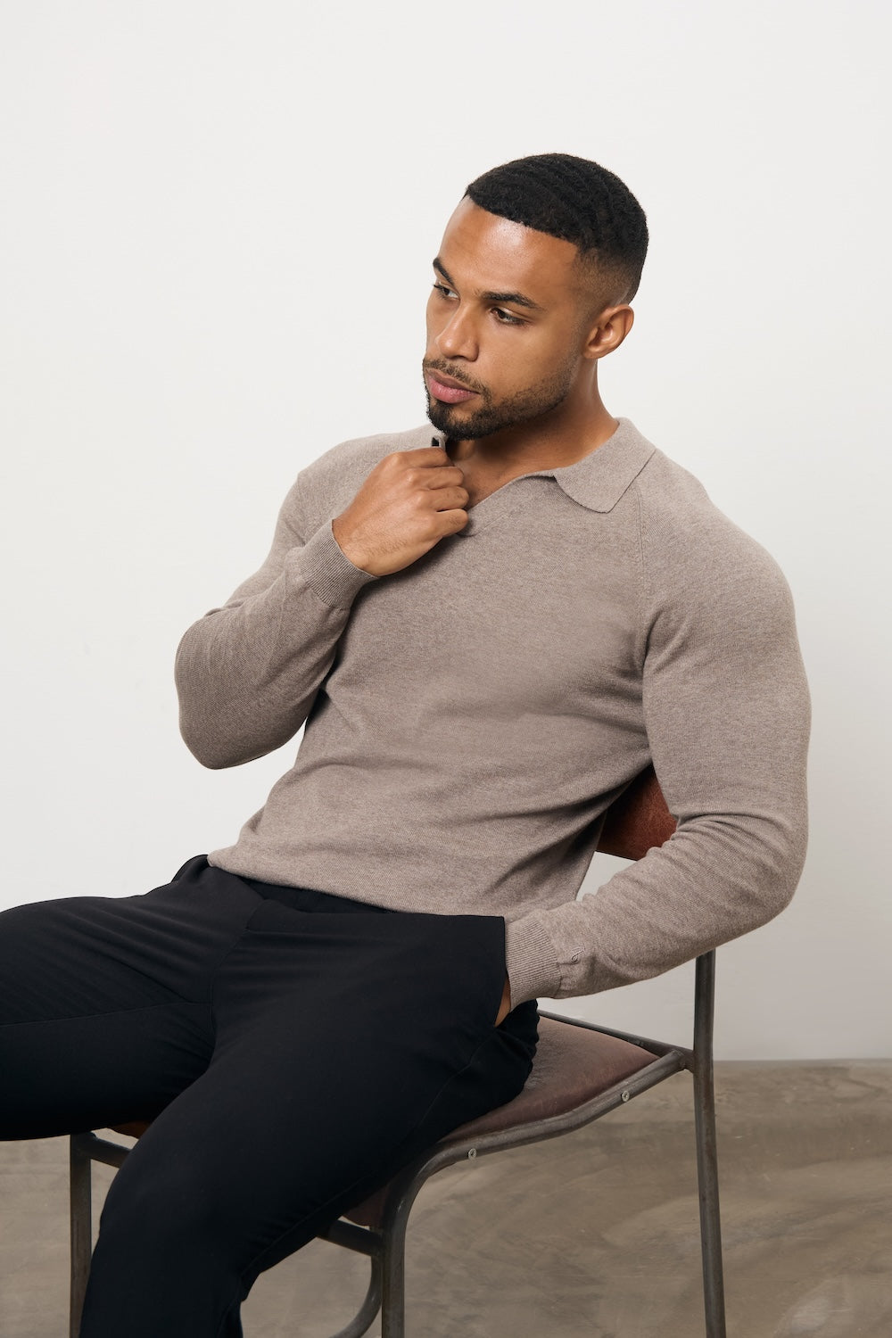 Pure Cotton Knitted Open Collar Polo Shirt in Brown Marl - TAILORED ATHLETE - USA