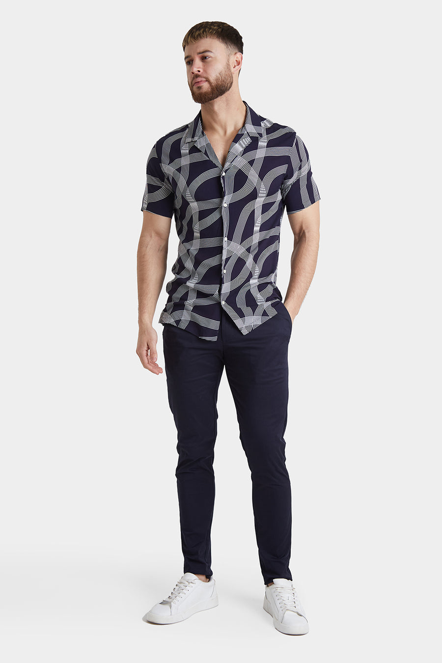Printed Shirt in Navy Curved Stripe - TAILORED ATHLETE - USA