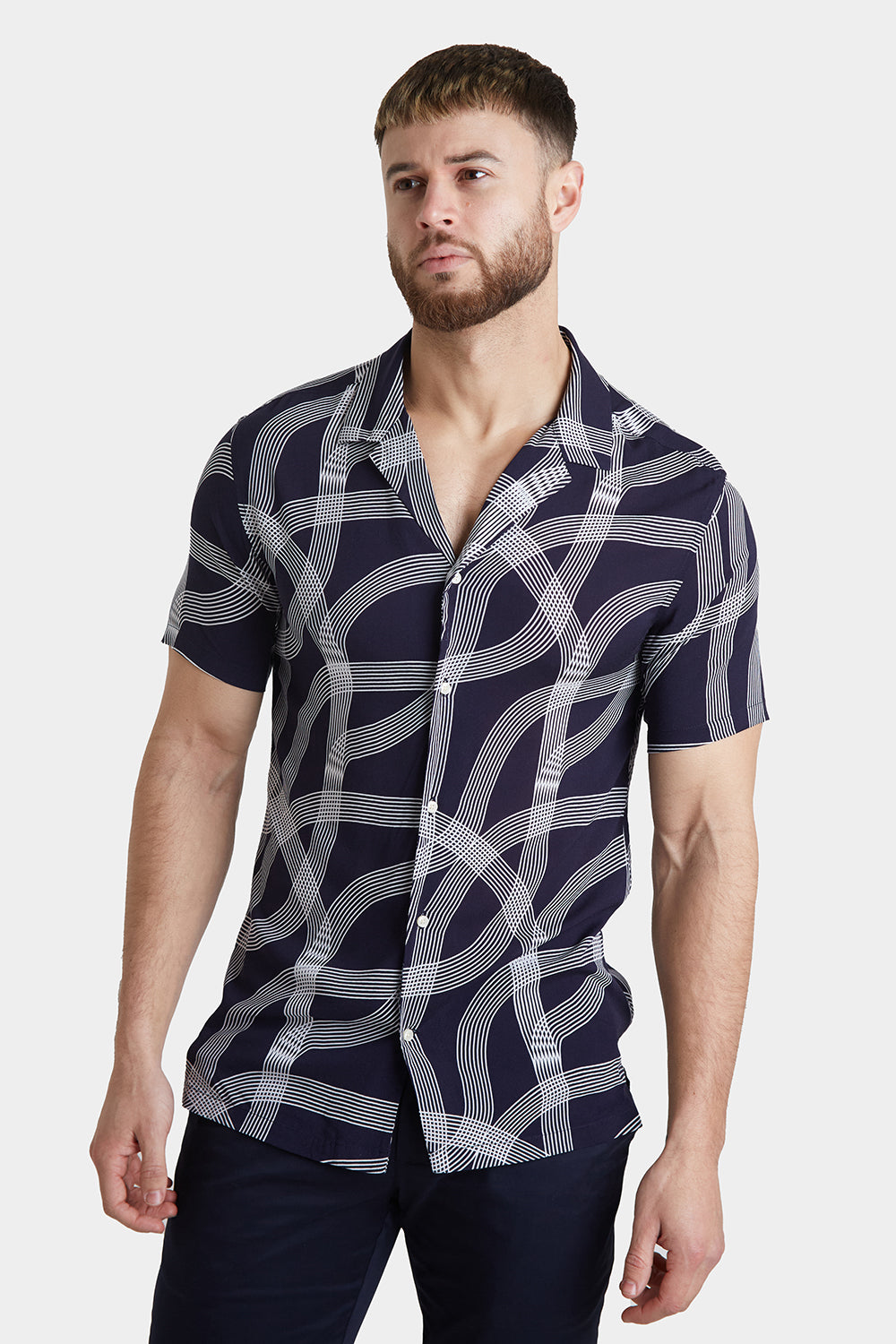 Printed Shirt in Navy Curved Stripe - TAILORED ATHLETE - USA